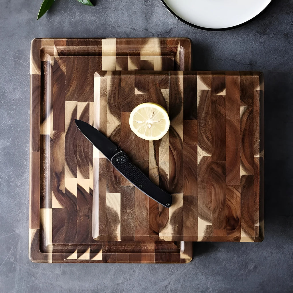 Brown solid wood cutting board with parquet construction and 3cm thickness for kitchen food preparation