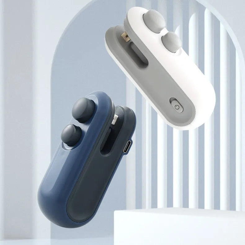Blue handheld USB rechargeable heat sealer for sealing chip bags and food packaging