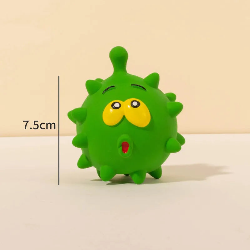Four colourful natural latex squeaky dog balls with bumpy texture and cute faces