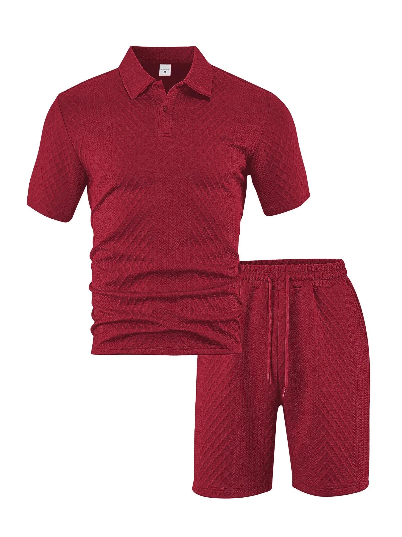 Men's patterned cloth casual suit with short sleeve polo top and matching trousers in multiple colour options
