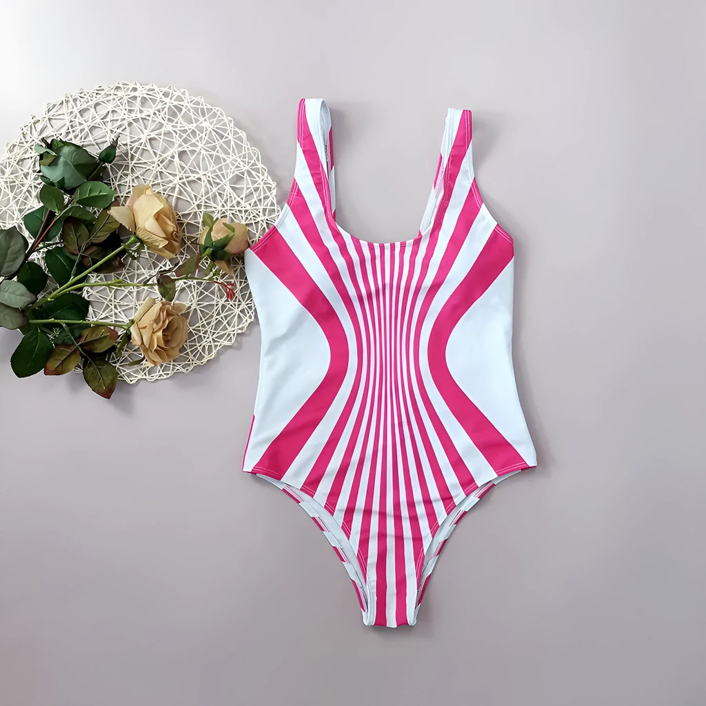 Pink striped women's one-piece swimsuit with digital printing on front and rear sections