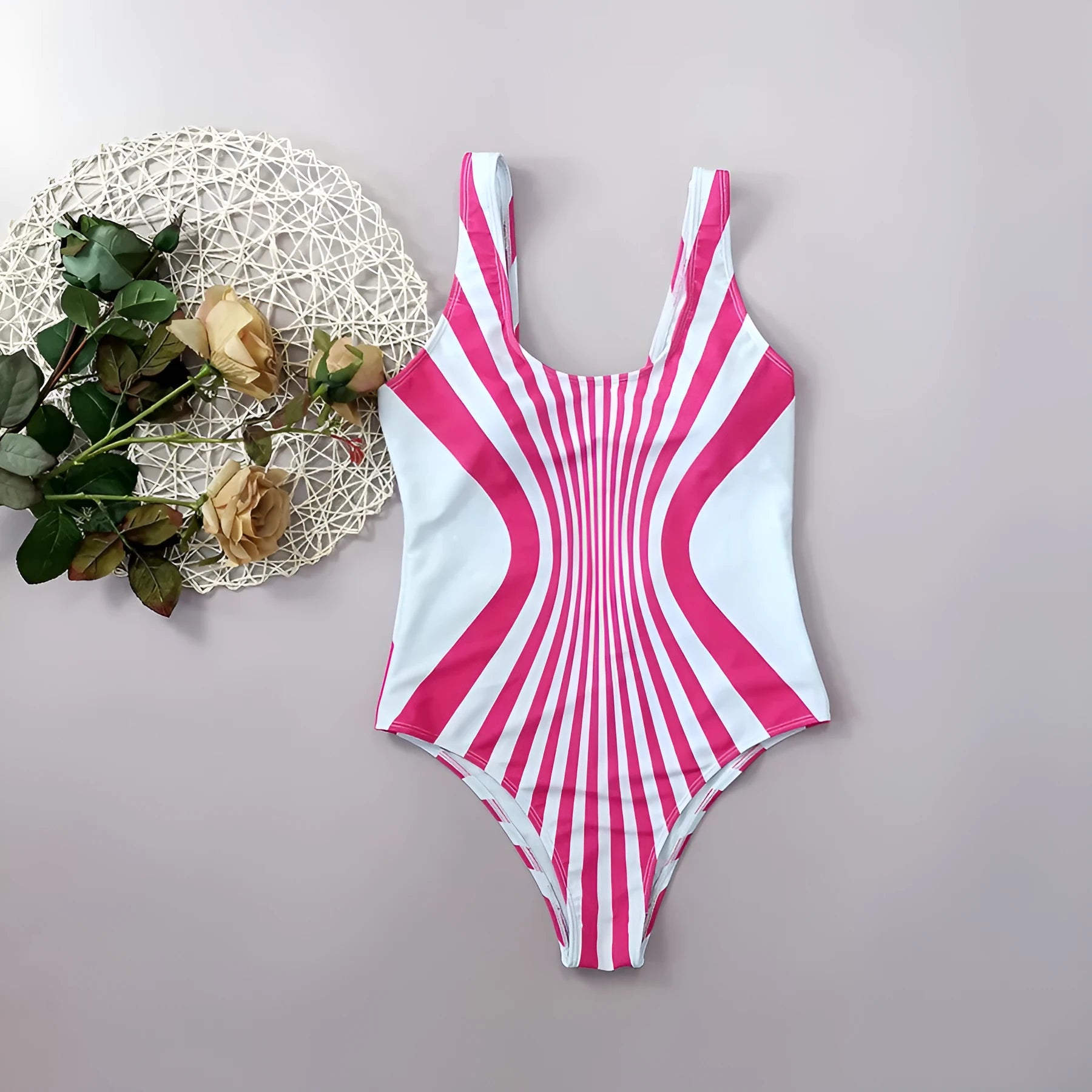 Pink striped women's one-piece swimsuit with digital printing on front and rear sections