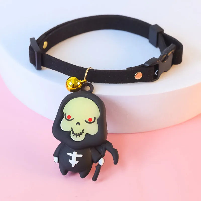 Halloween pet collar decoration showing pumpkin man, luminous brat, and luminous skull cartoon patterns on polyester collar