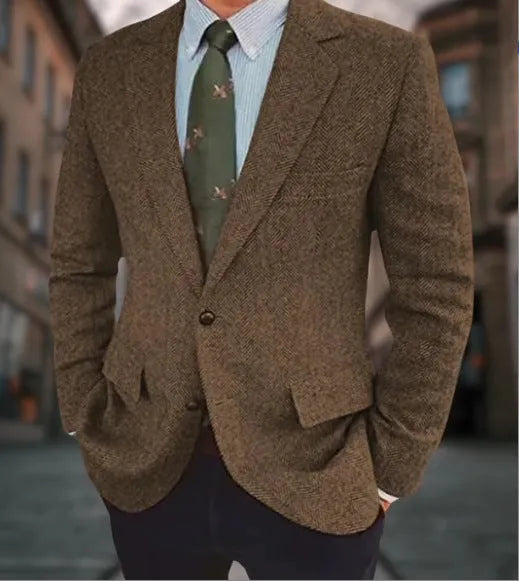 Men's brown herringbone business casual suit jacket with retro styling and long sleeves