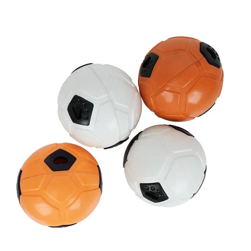 Orange and white TPR dog chew balls showing hollow and teeth cleaning stick styles