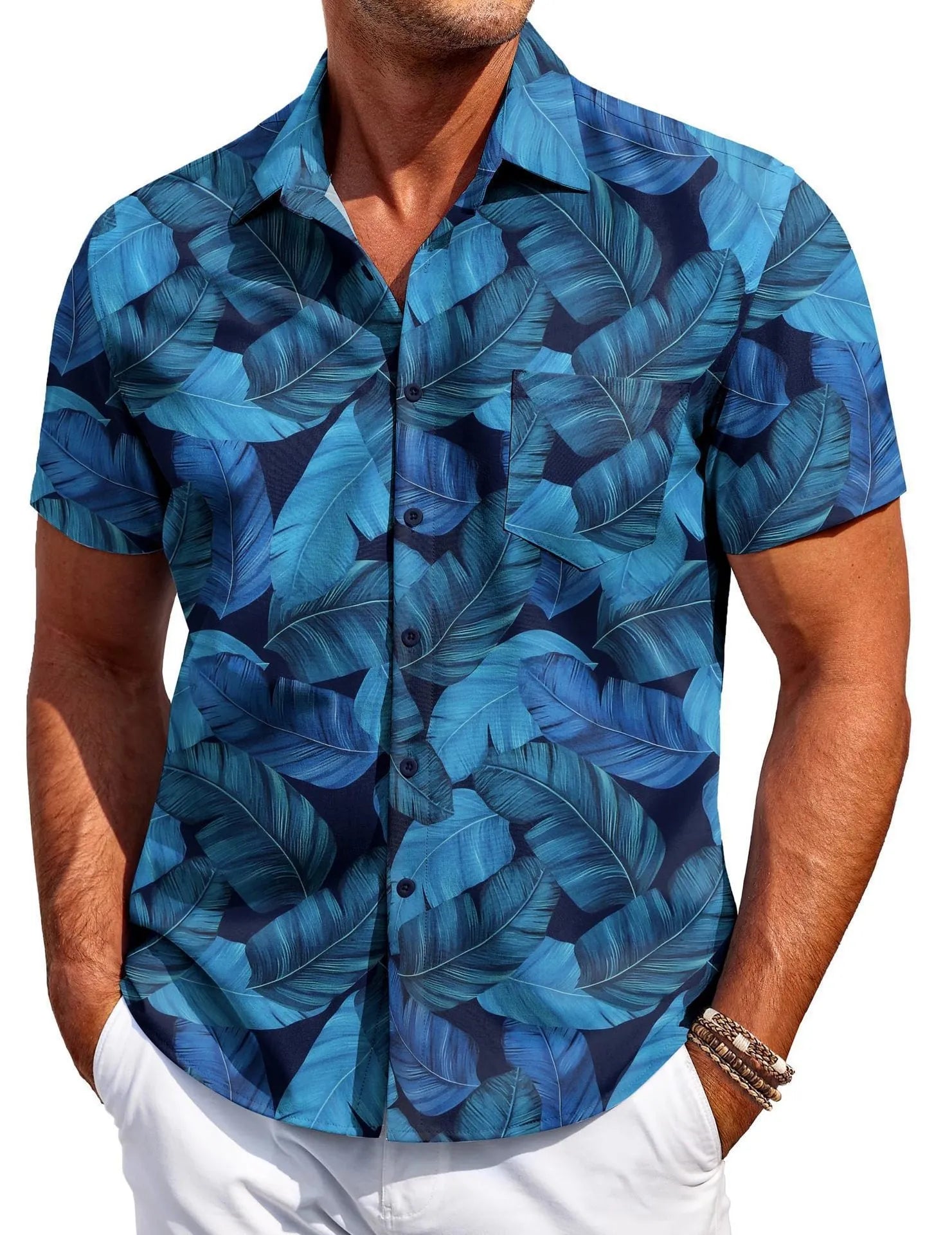Men's slim fit Hawaiian shirt with digital printed pattern on four-way elastic polyester fabric