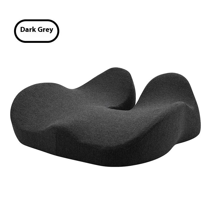 Memory foam office chair seat cushion in light grey colour showing dimensions of 46x43x12cm