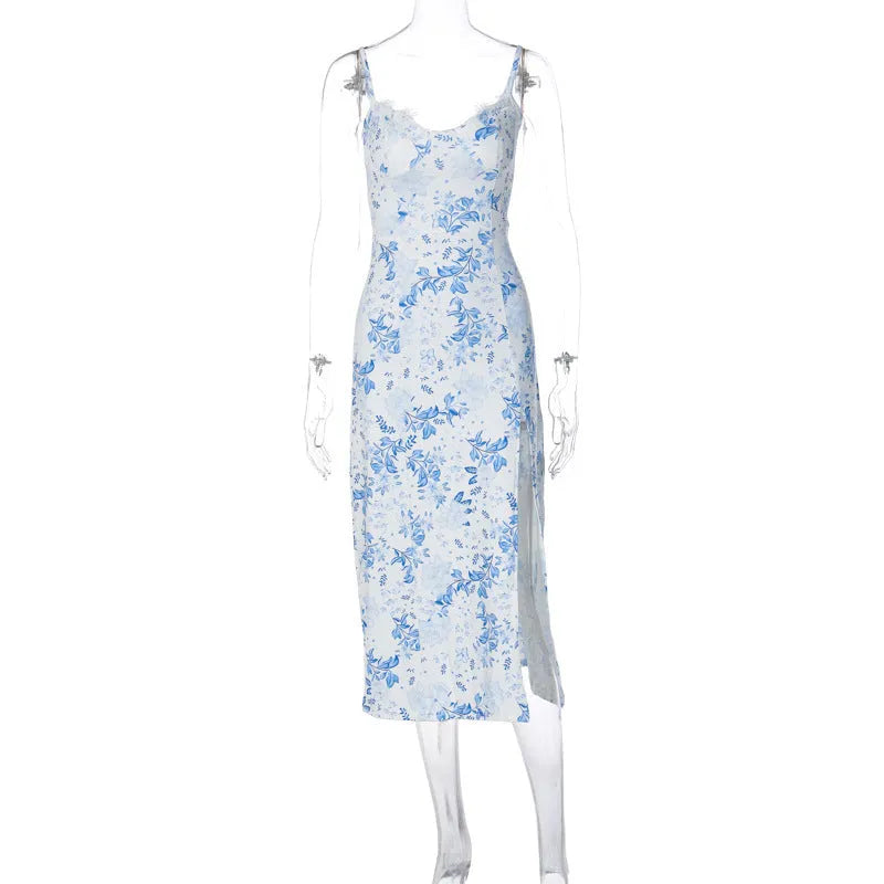 Women's long blue dress with lace flowers print, side slit, and thin spaghetti straps