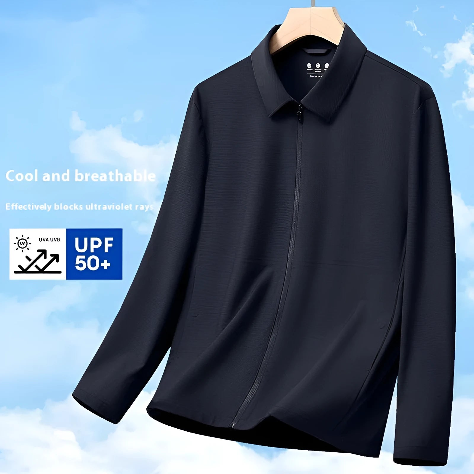 Lightweight navy blue summer business coat with SPF protection on a hanger, showing regular fit.