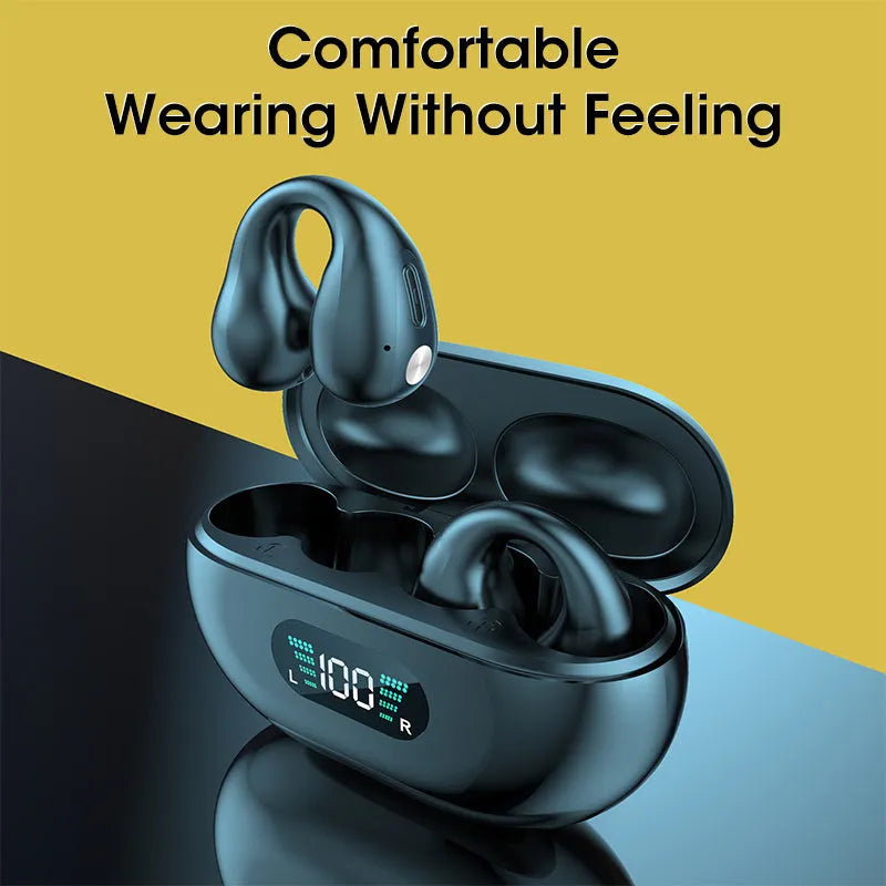 Bone conduction Bluetooth headset with ear clip design in black, white, or khaki colour.