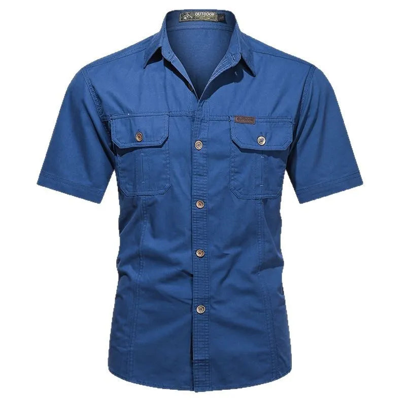 Men's loose fit cotton short sleeve work shirt in army green with non-iron treatment