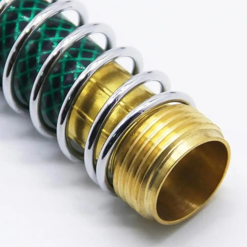 Brass garden spring hose connector with spiral spring, 15cm long with 3/4 inch threads.