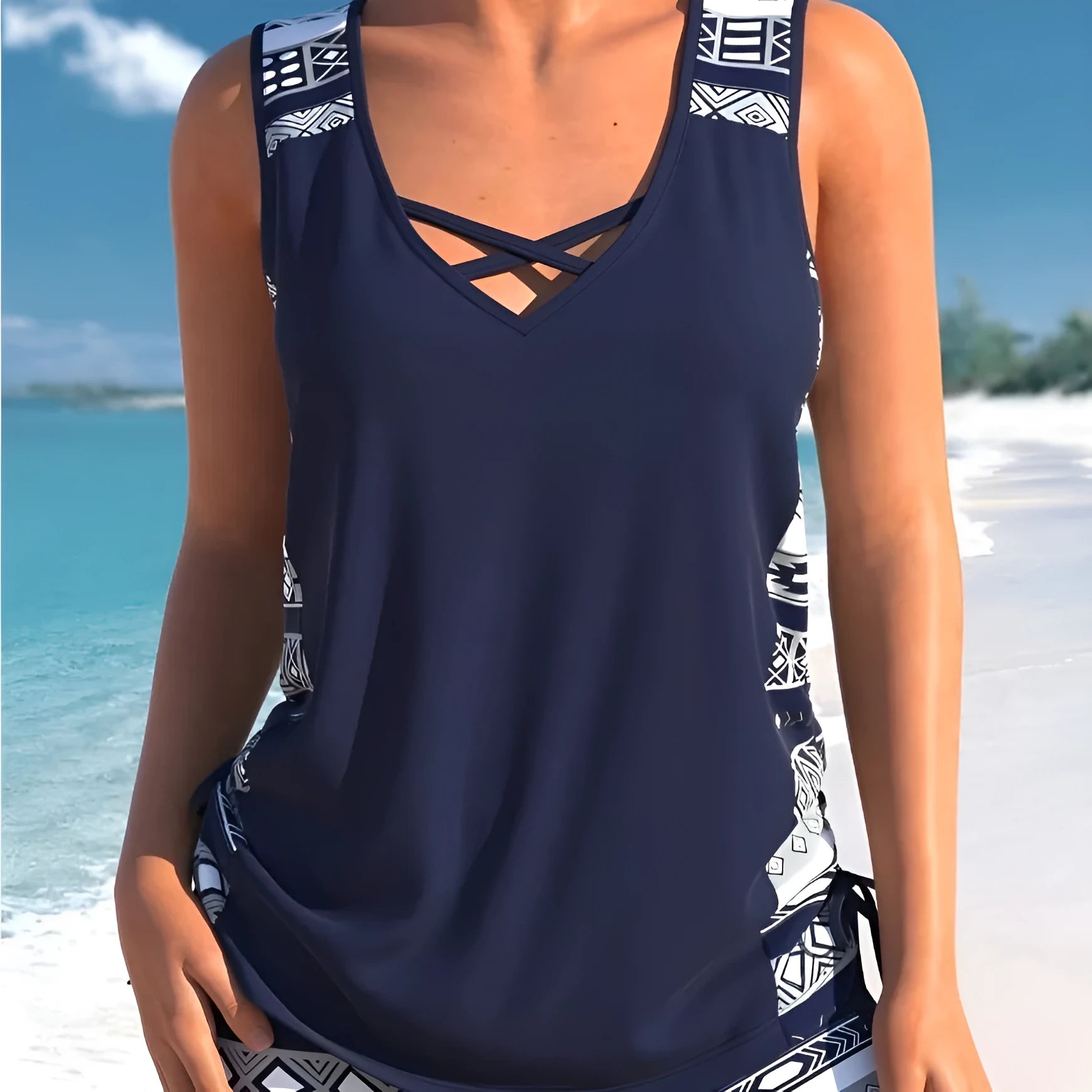 Women's sports hollow conservative split swimsuit in polyester sleeveless briefs style shown on white background