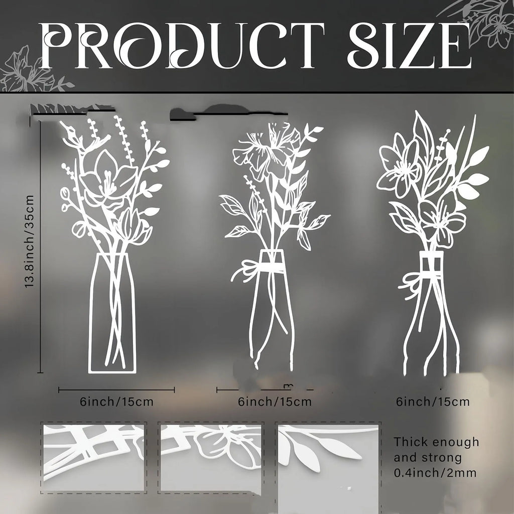 Three metal flowers wall art pieces with vase designs in farmhouse style