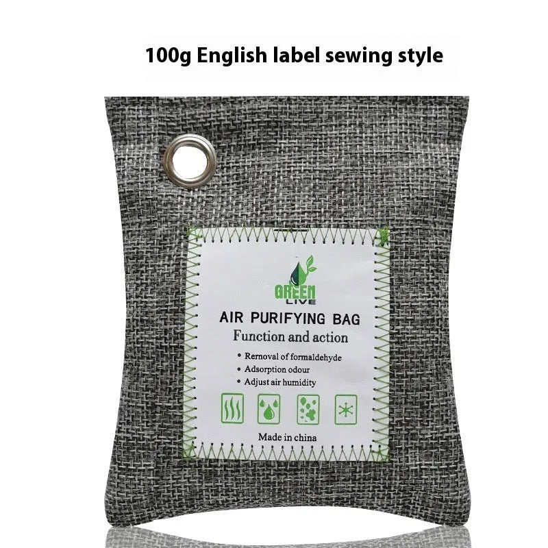Bamboo charcoal air purifying bag in a sewing style fabric pouch for formaldehyde and odour removal.