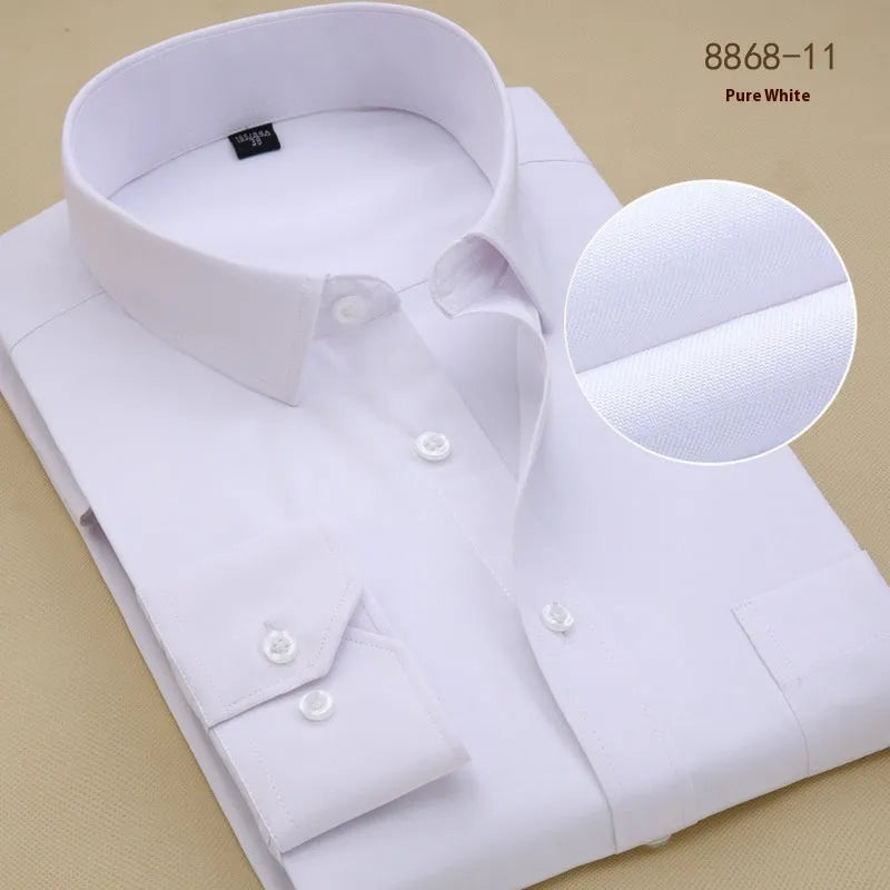 Men's black long sleeve cotton business shirt with a regular slim fit on a hanger.