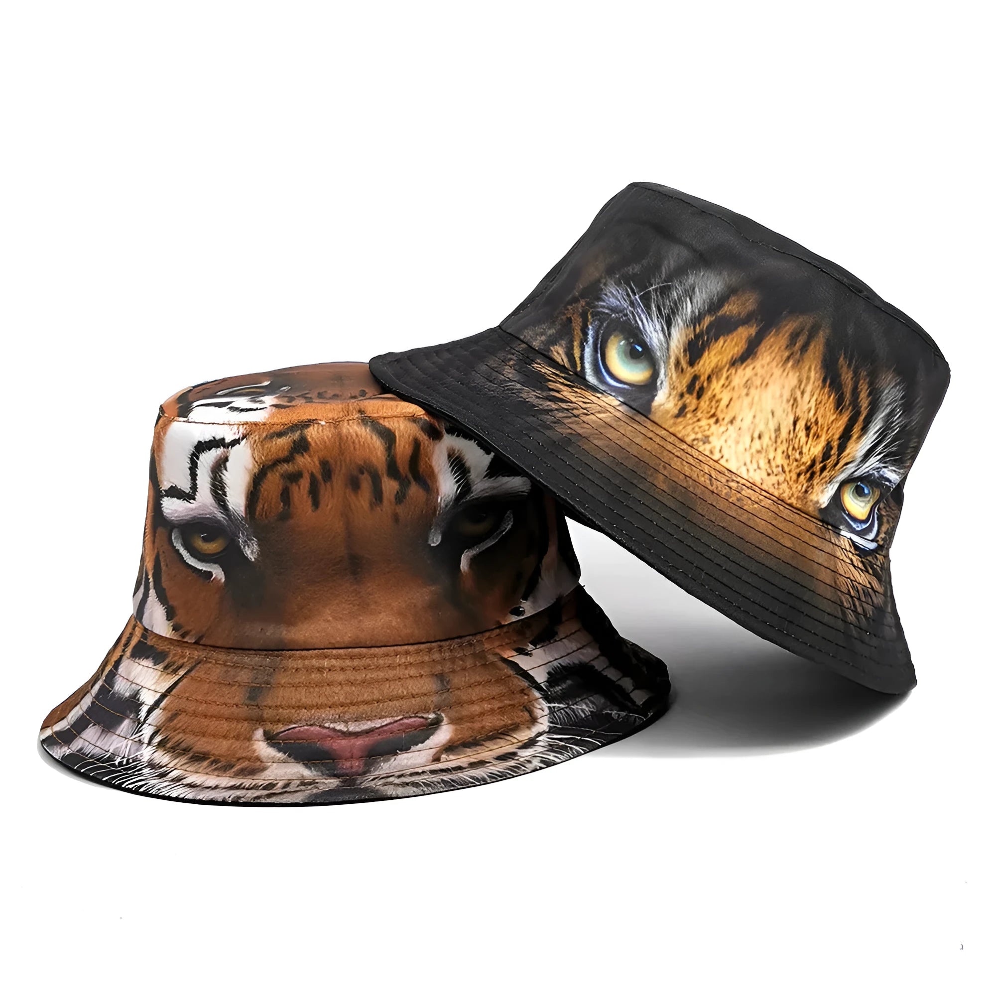 Tiger print polyester bucket hat with dome crown shape for outdoor sun protection