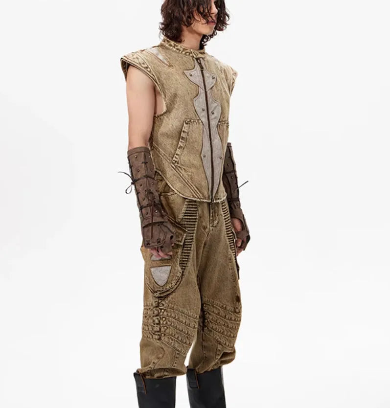 Summer dark knight original niche pleated vest in cotton fabric, picture colour, front view