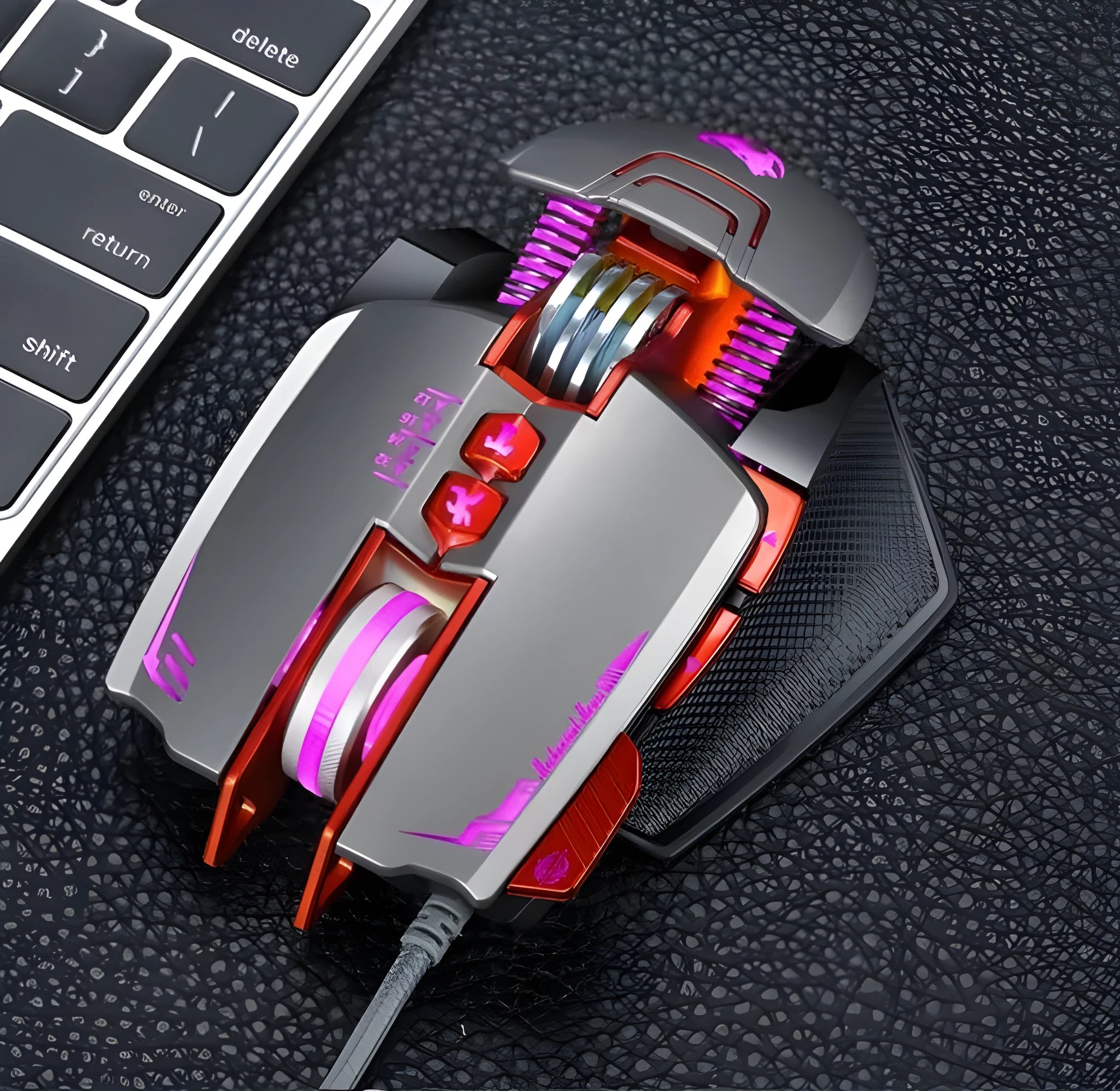 Black Thunder Wolf V9 wired gaming mouse on a desk, showing its ergonomic shape and USB cable.