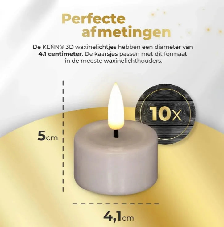 Set of four taupe-coloured S10 LED tealight candles with a realistic 3D flame effect.