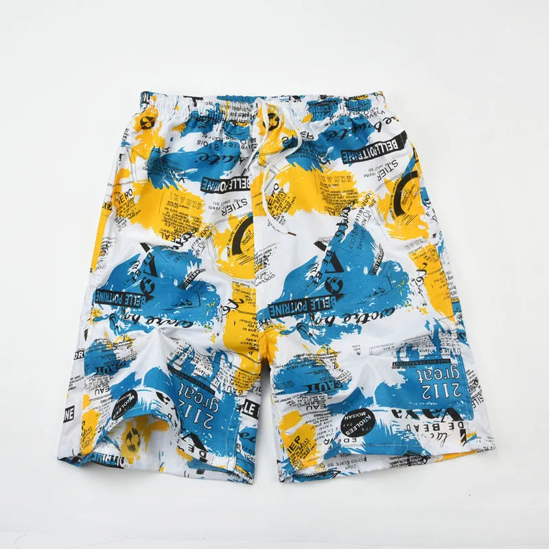 Men's casual floral print five-point swimming trunks made from polyester fabric.