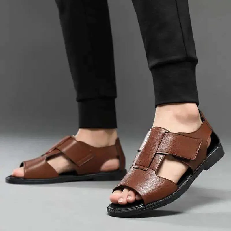 Men's black and brown leather casual sandals with open toe design and rubber sole