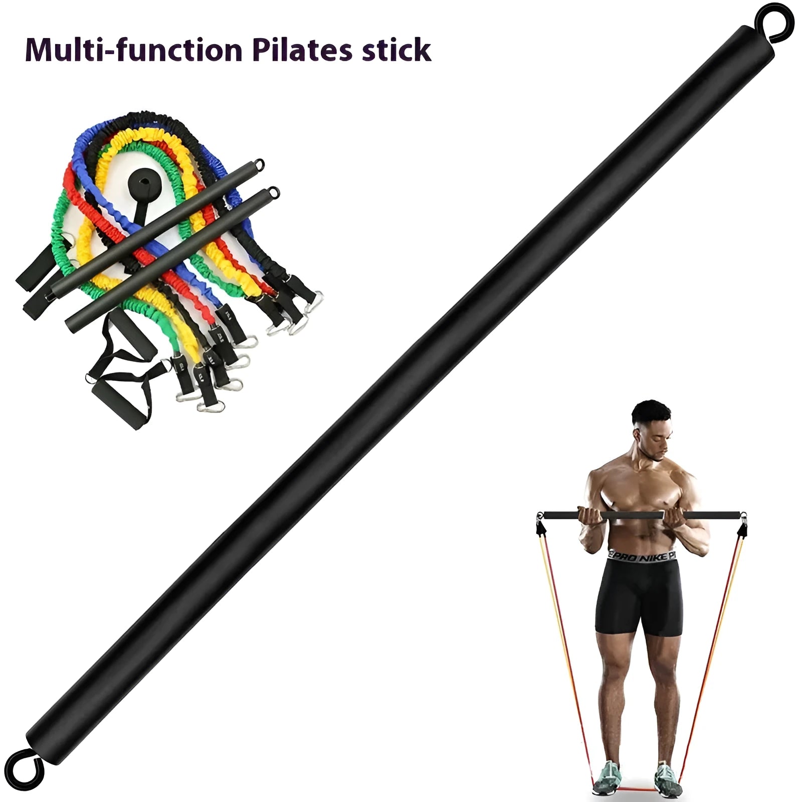Two-segment push-and-pull fitness stick for yoga and Pilates resistance exercises.