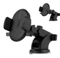 Yellow car phone holder with telescopic arm and suction cup mount on textured dashboard