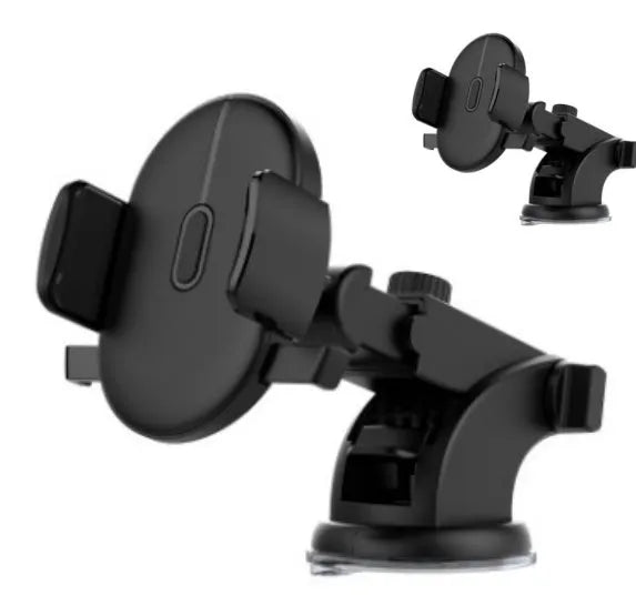 Yellow car phone holder with telescopic arm and suction cup mount on textured dashboard