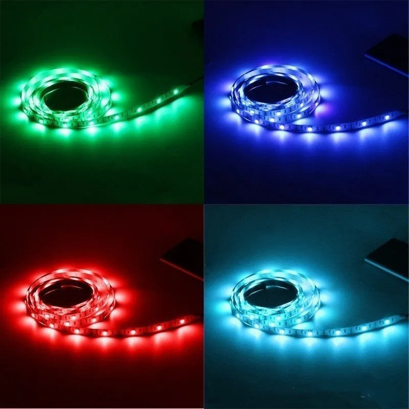 A flexible one-metre-long USB LED light strip showing multiple SMD5050 LEDs, coiled next to its USB plug.