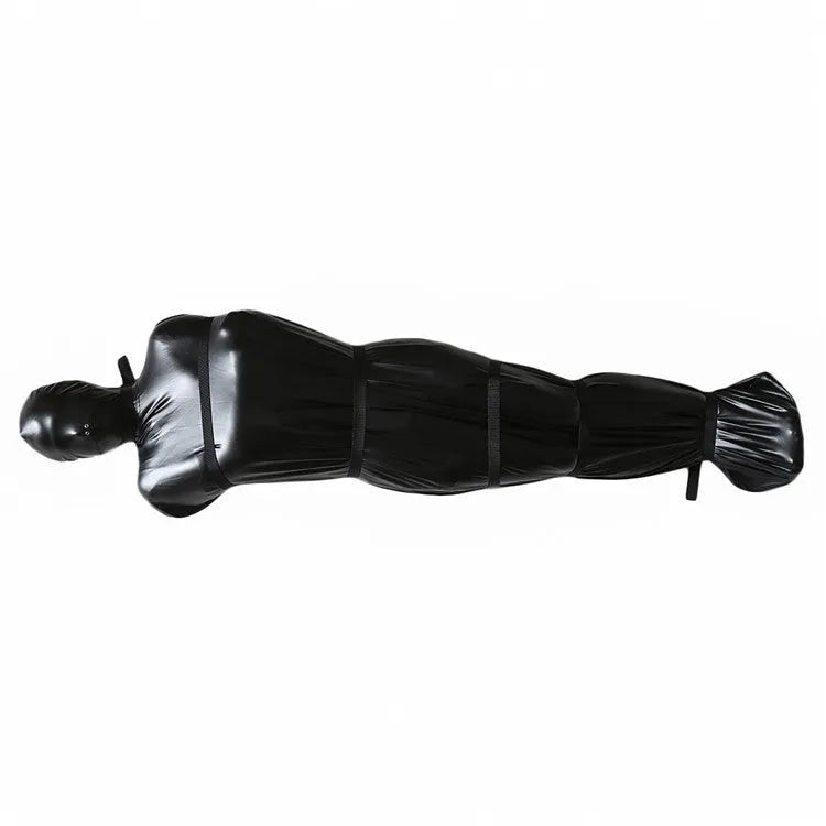 Black patent leather bondage restraint kit with body wrap and six ratchet tie down straps