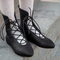 Women's low-cut leather-look boots with straps, chunky high heel, round toe, black synthetic leather upper
