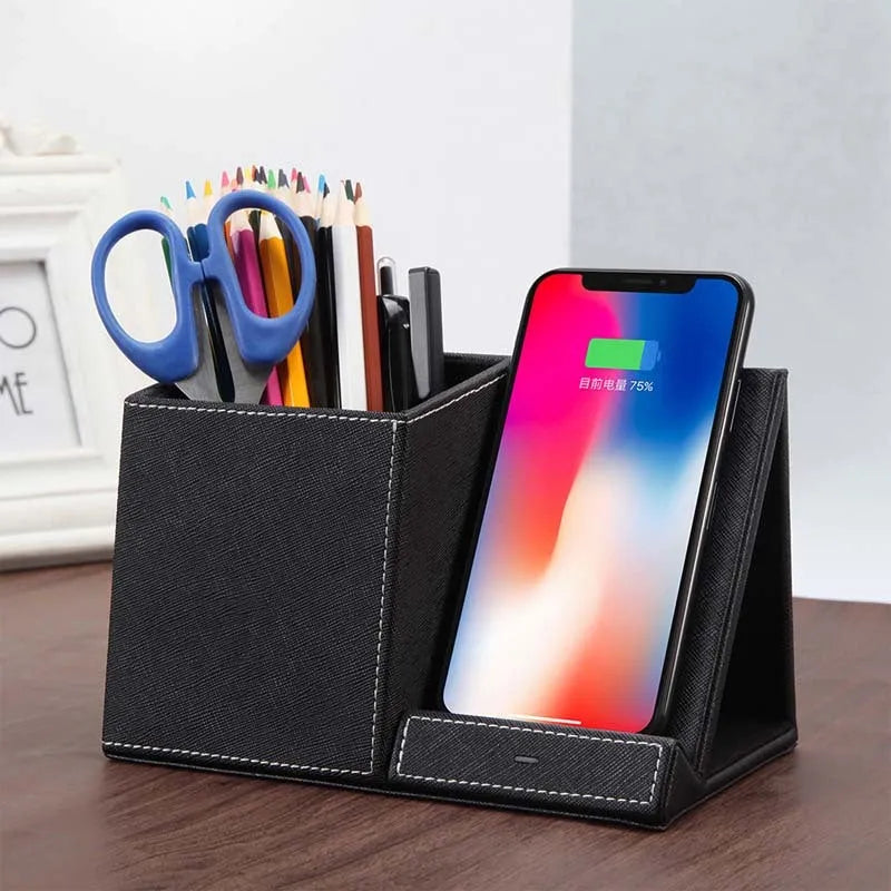 Black leather wireless charging desk organiser with pen holder and phone stand at 45-degree angle