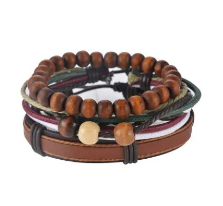 Handmade leather wrap bracelet with wooden beads and adjustable closure for men and women