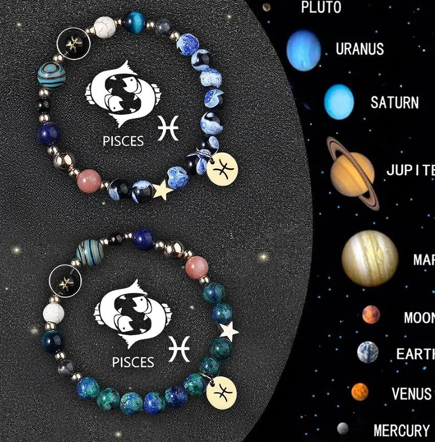 Two natural stone beaded bracelets displaying zodiac symbols on a textured background.