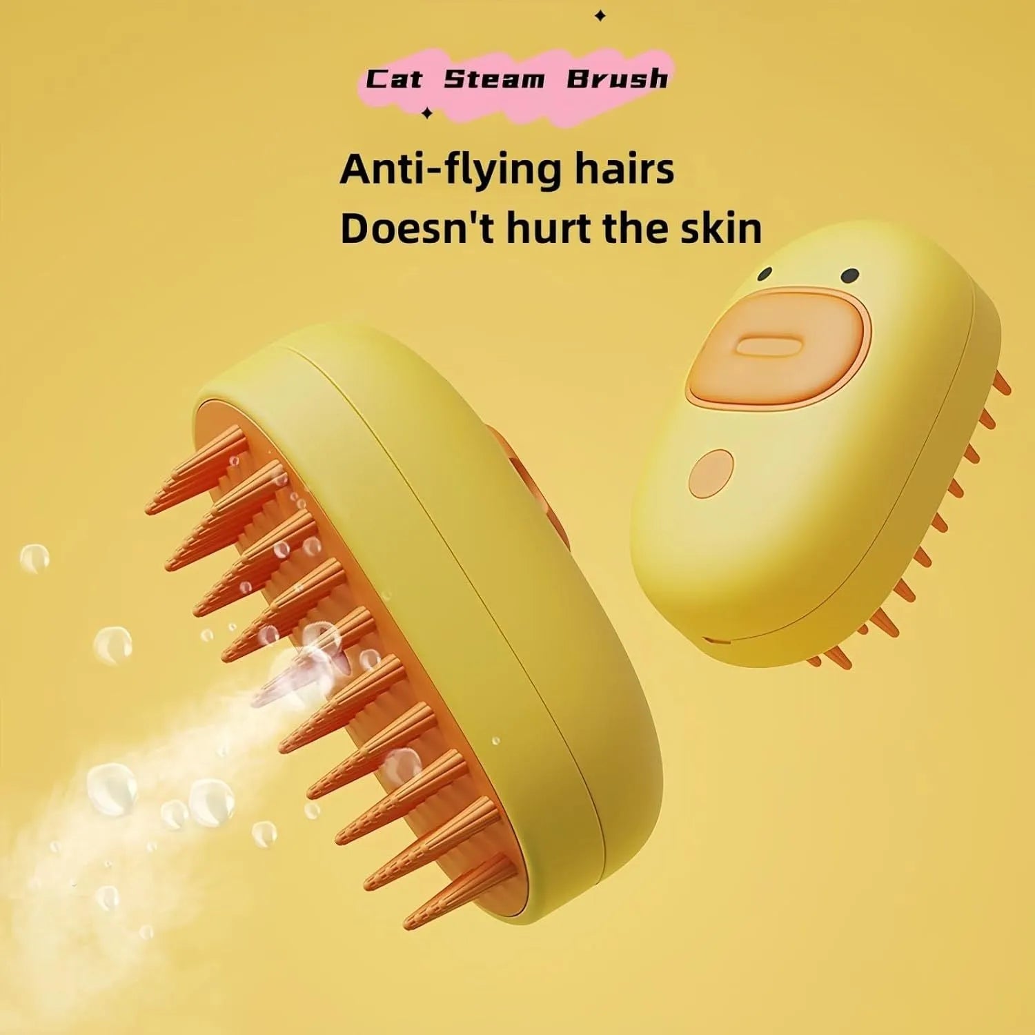 White and yellow silicone steam pet brush for grooming dogs and cats with a water tank.
