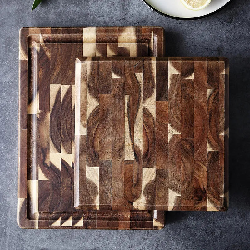 Brown solid wood cutting board with parquet construction and 3cm thickness for kitchen food preparation