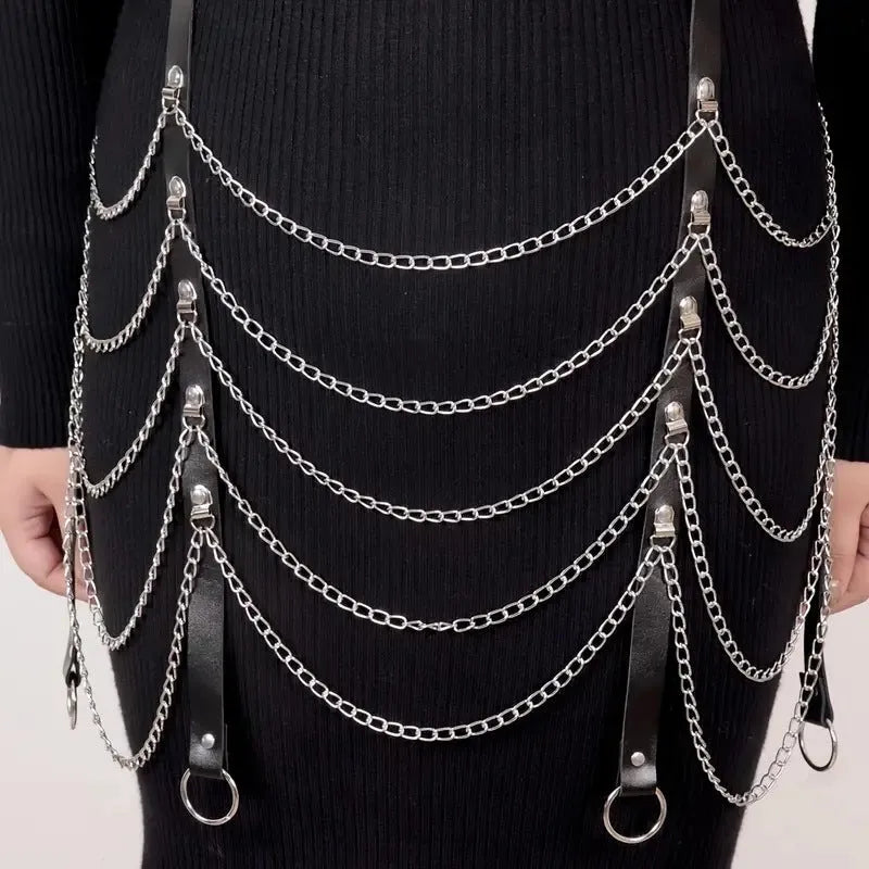 Black PU leather adjustable waist chain with decorative pendant, showing buckle closure detail
