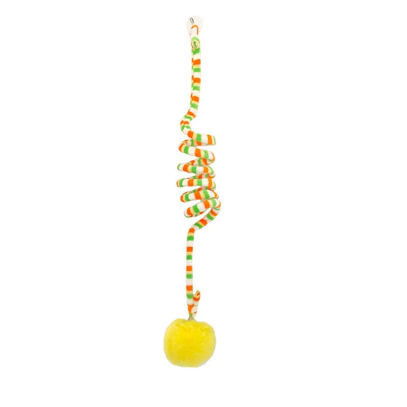 Spring-mounted inflatable ball cat toy with bell stick and suction cup attachment in various colours