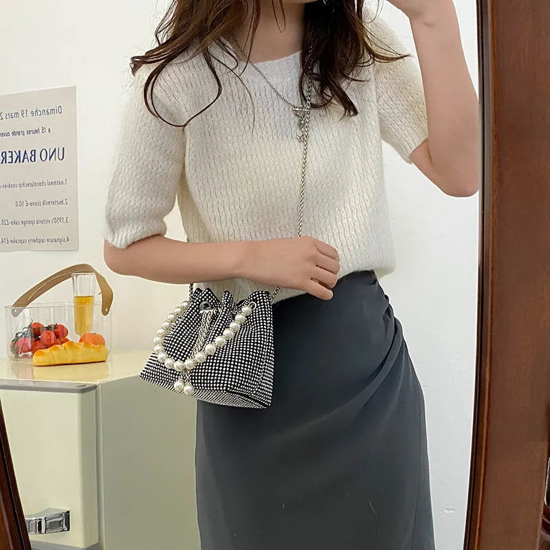 Light diamond western style chain crossbody shoulder bag in soft PU bucket design