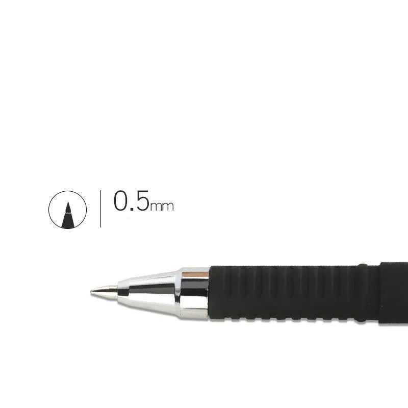 Set of eight carbon black gel pens showing bullet and needle tip options