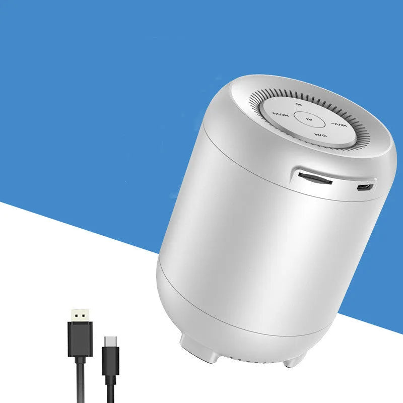 Black and white Bluetooth speaker with AI voice control showing button interface