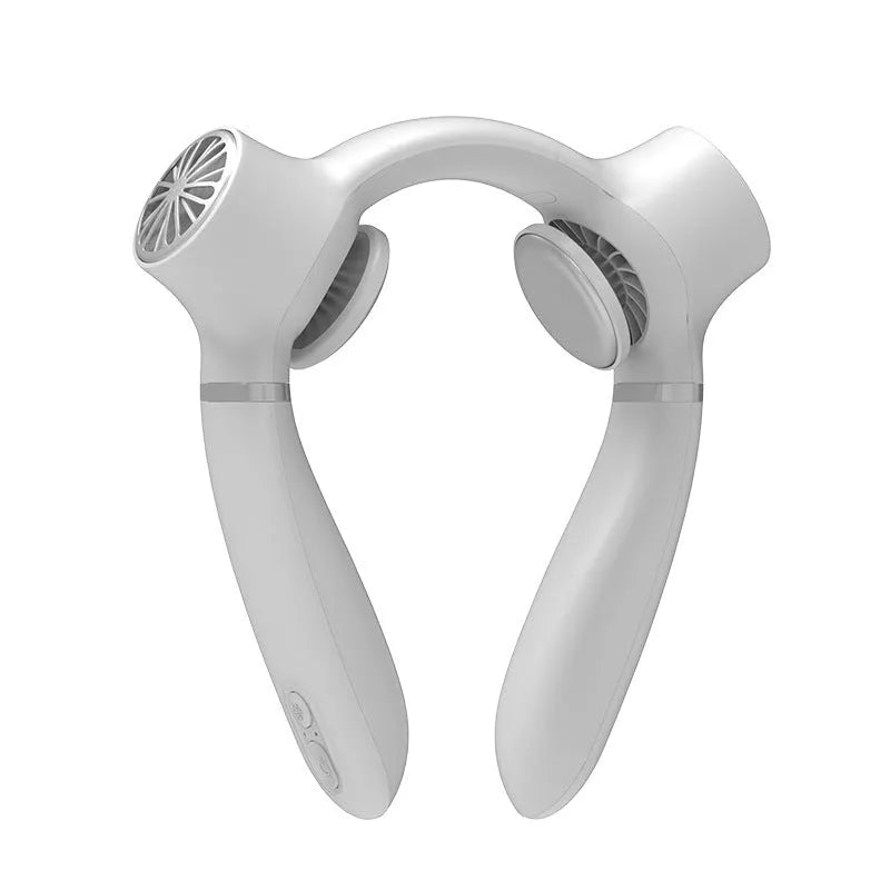 USB rechargeable hanging neck fan in white with three speed settings and compact 187.5mm size