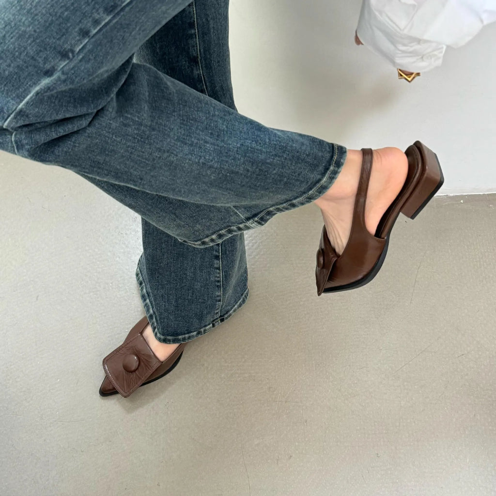 Women's low heel closed toe sandals with pointed toe and back ankle strap in four colour options