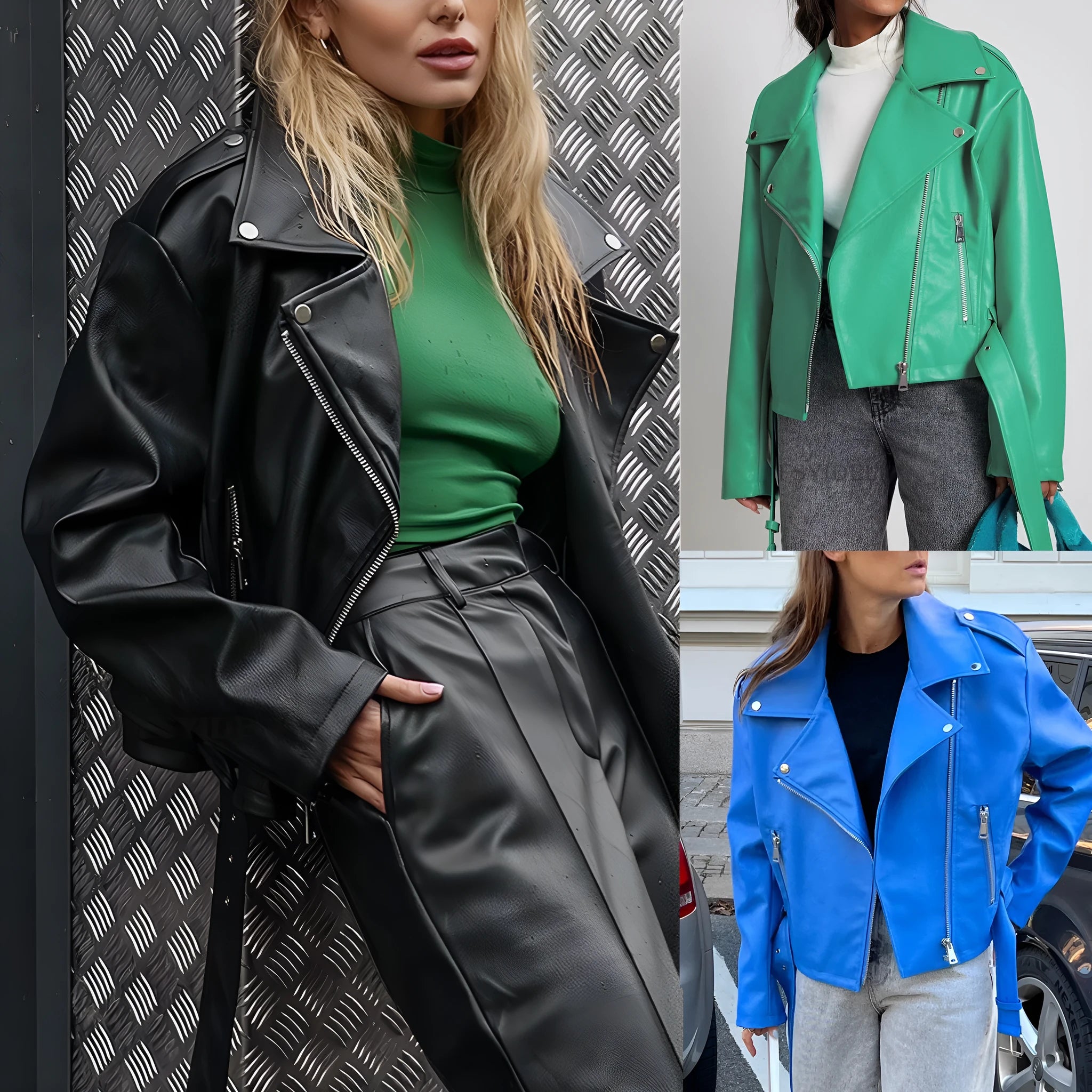 Punk locomotive style leather jacket with Peter Pan collar in black, blue, or green