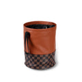 Retractable leather car trash can with handle shown in folded and expanded positions