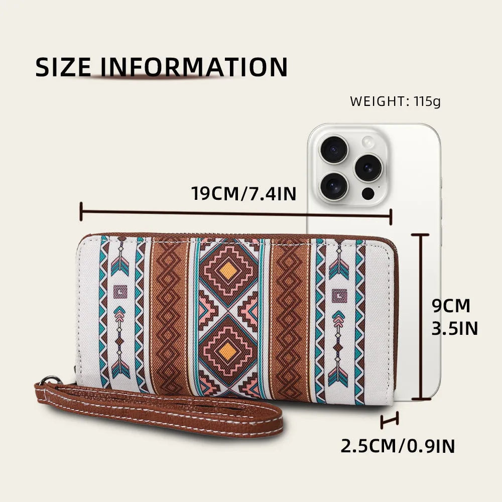 Bohemian striped canvas RFID wallet showing card slots and 20x10x2cm dimensions