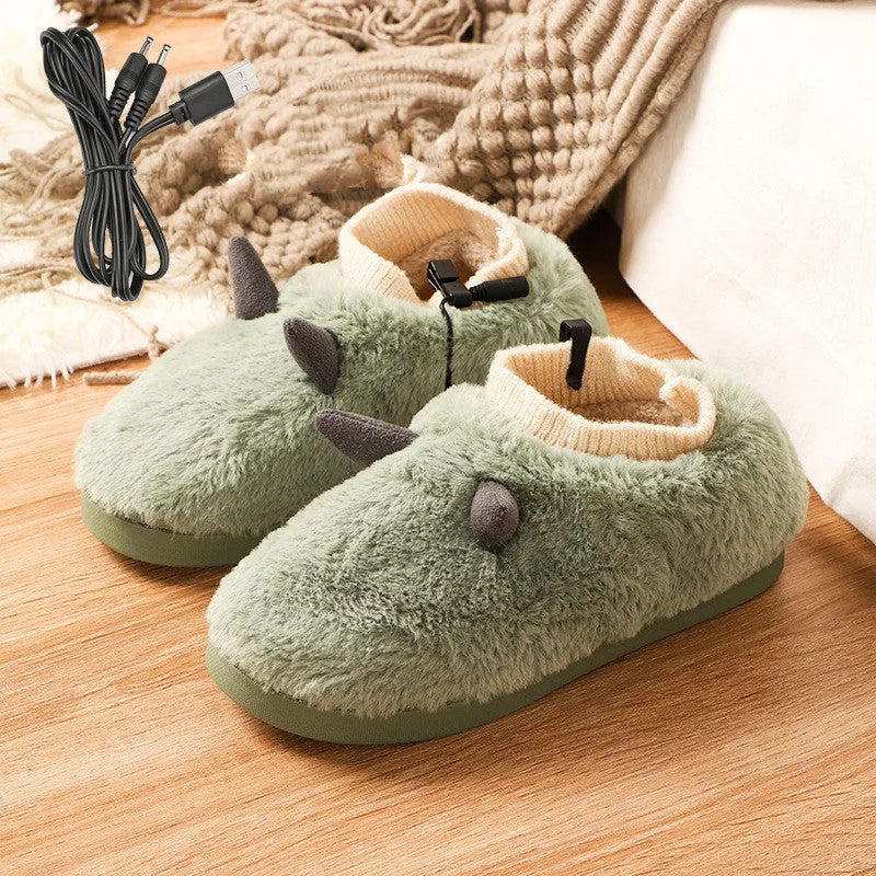 USB electric heating slippers in velvet, showing USB cable connection and adjustable temperature control.