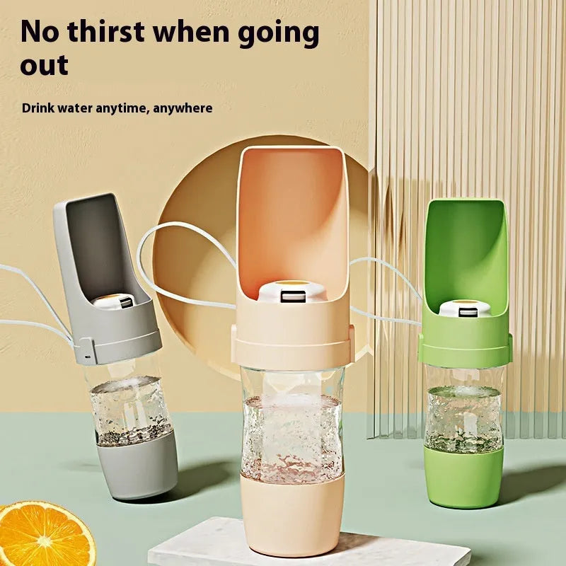 Portable pet water bottle feeder with lanyard showing grey colour option and drinking cup