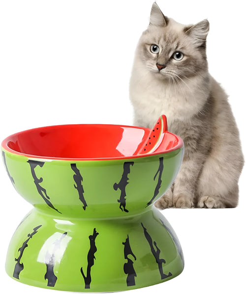 Ceramic raised cat feeder bowl in orange patterned design on a white surface.